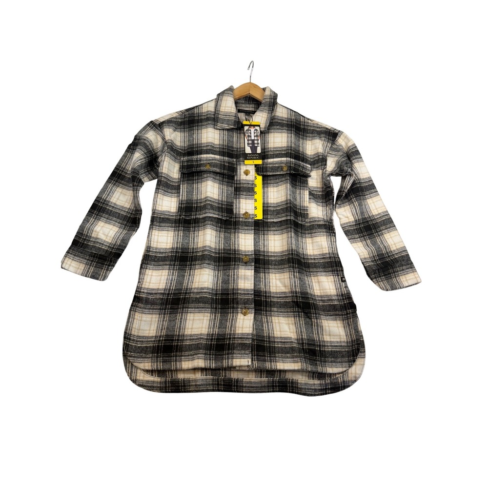 Banana Republic Womens Plaid Shirt Jacket Black White Tan Wool Blend Small NEW